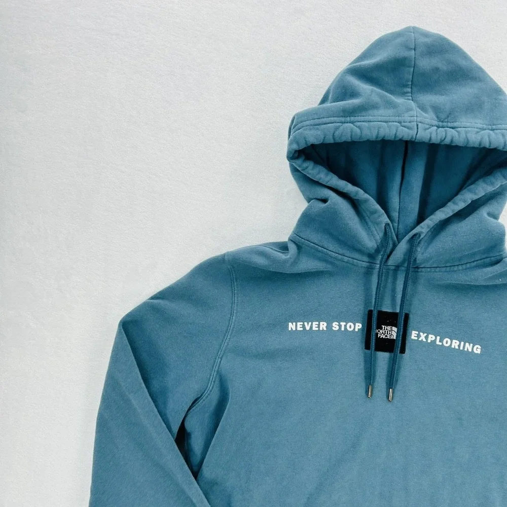 The North Face Hoodie Mens Large Blue Never Stop Exploring Pullover Fleece Logo